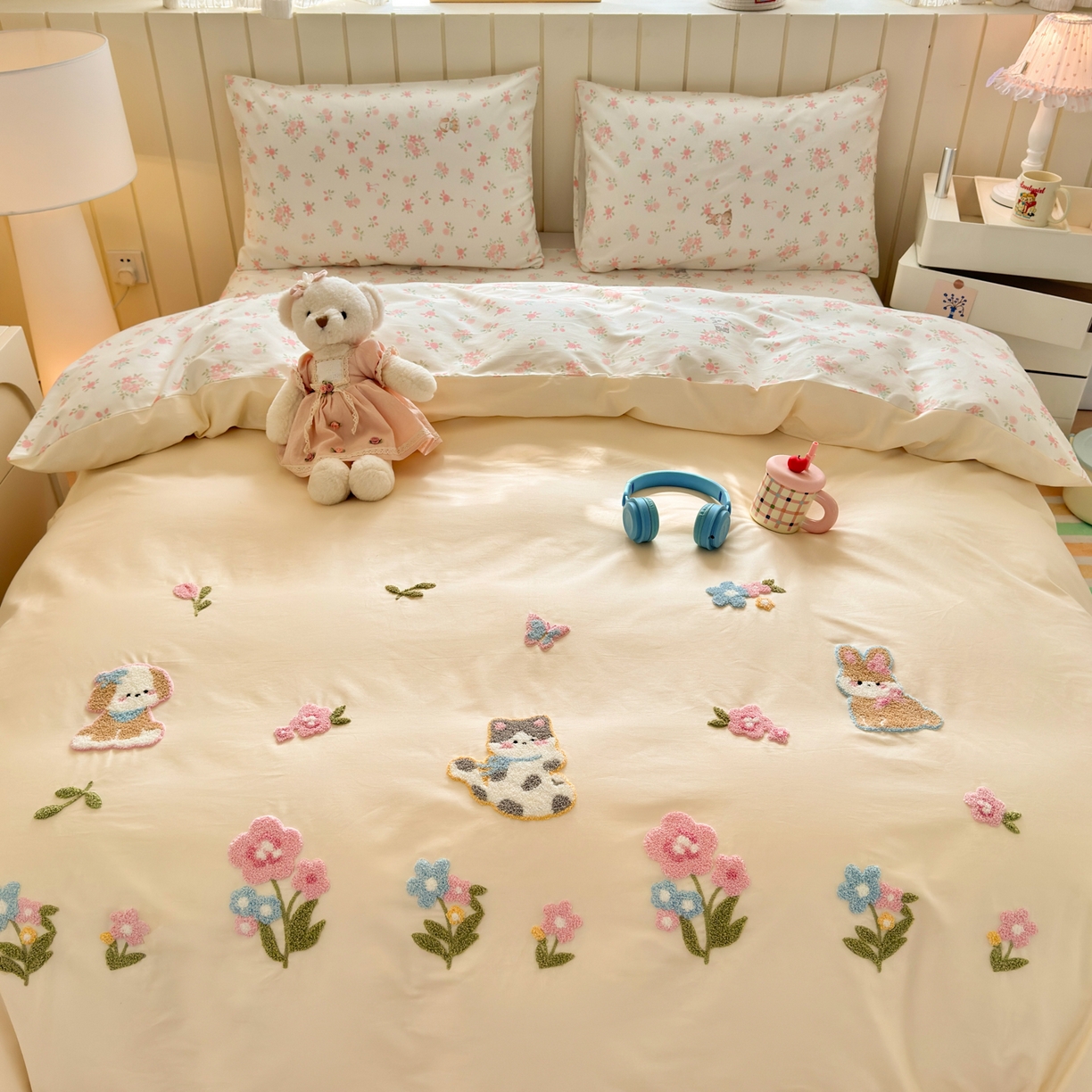 91家纺网 家纺一手货源 找家纺 优彩 2026新款全棉数码印花毛巾绣贴布绣四件套 森友会