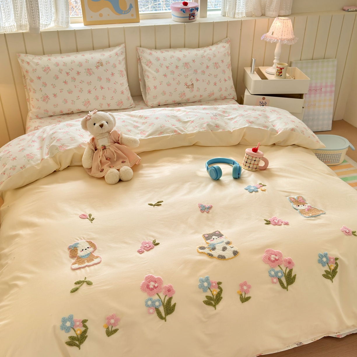 91家纺网 家纺一手货源 找家纺 优彩 2026新款全棉数码印花毛巾绣贴布绣四件套 森友会