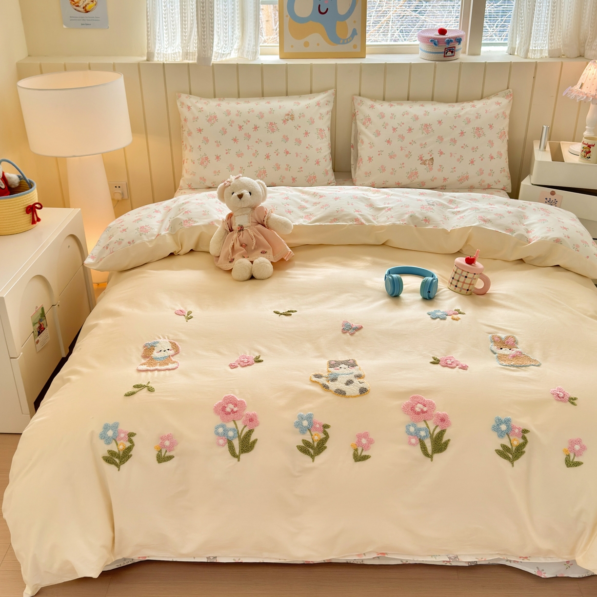 91家纺网 家纺一手货源 找家纺 优彩 2026新款全棉数码印花毛巾绣贴布绣四件套 森友会