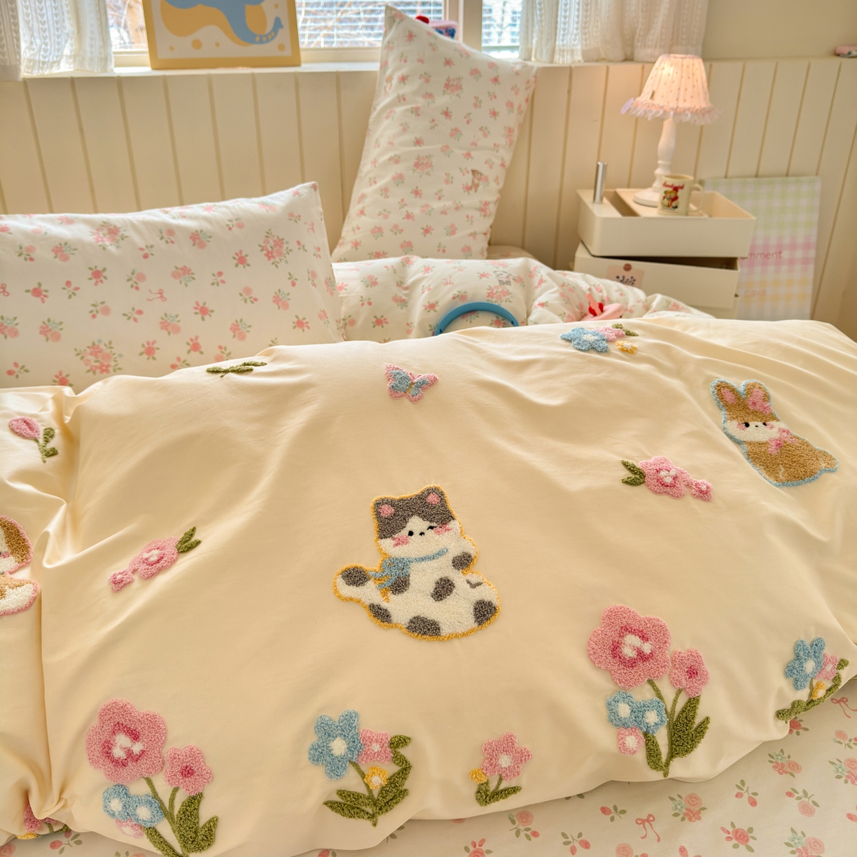 91家纺网 家纺一手货源 找家纺 优彩 2026新款全棉数码印花毛巾绣贴布绣四件套 森友会