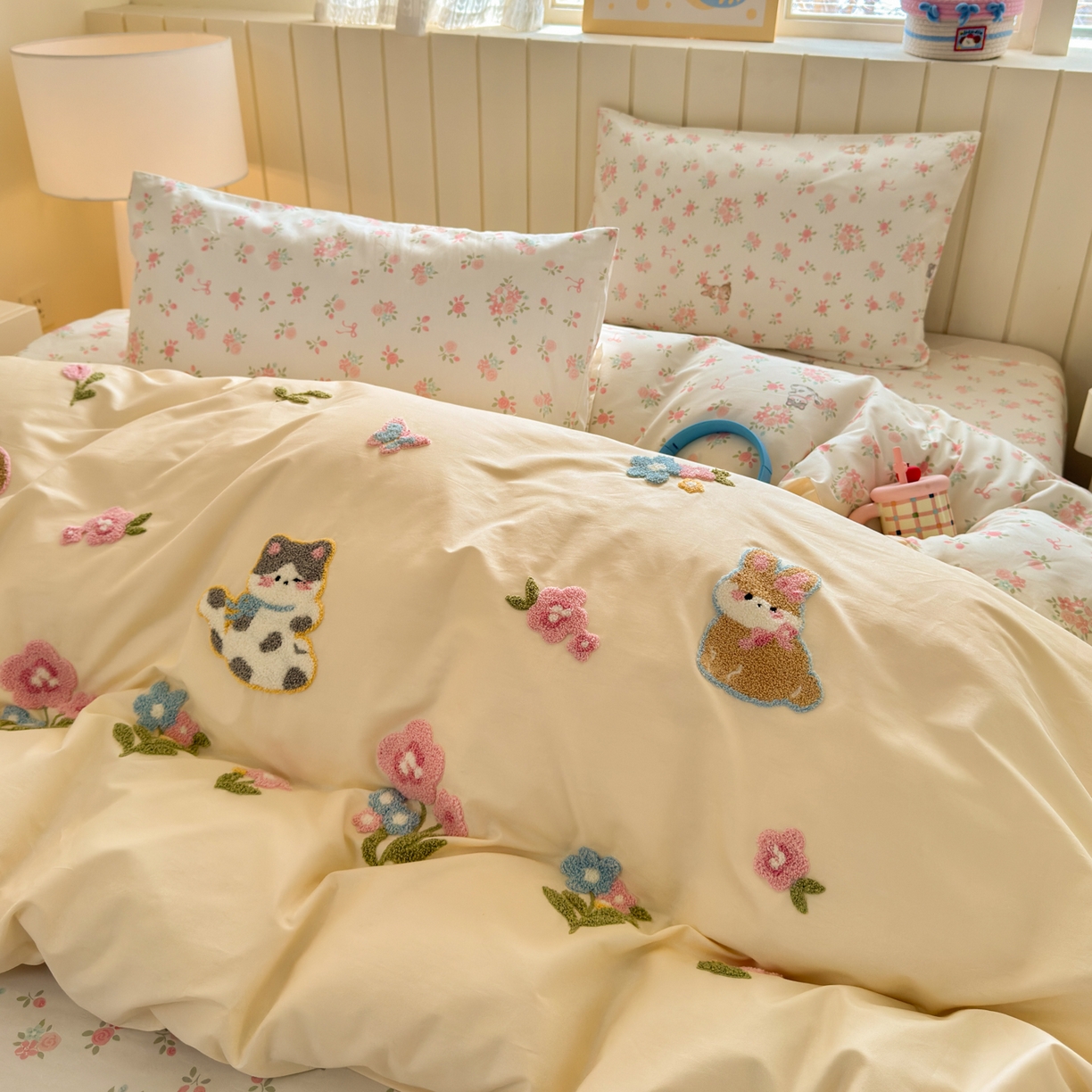 91家纺网 家纺一手货源 找家纺 优彩 2026新款全棉数码印花毛巾绣贴布绣四件套 森友会