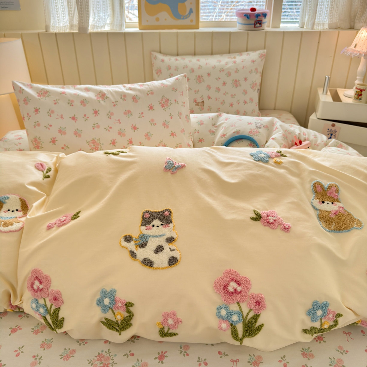 91家纺网 家纺一手货源 找家纺 优彩 2026新款全棉数码印花毛巾绣贴布绣四件套 森友会