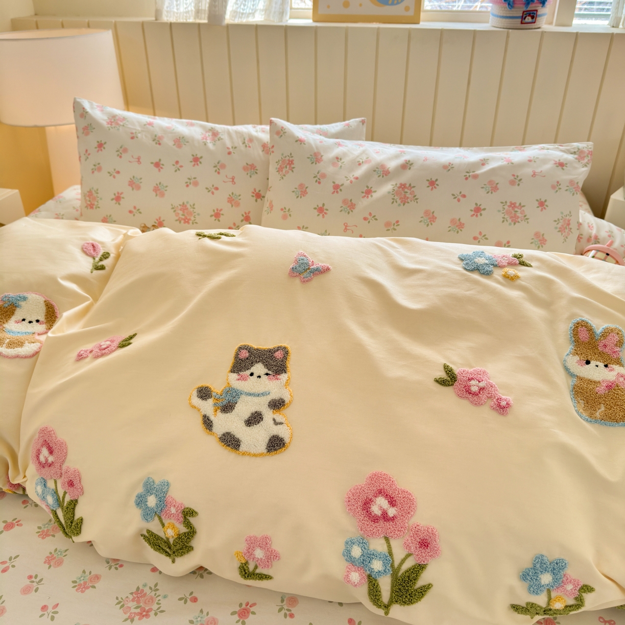 91家纺网 家纺一手货源 找家纺 优彩 2026新款全棉数码印花毛巾绣贴布绣四件套 森友会