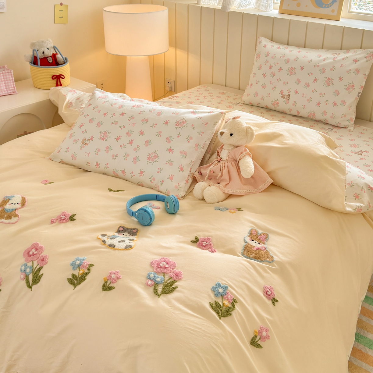 91家纺网 家纺一手货源 找家纺 优彩 2026新款全棉数码印花毛巾绣贴布绣四件套 森友会