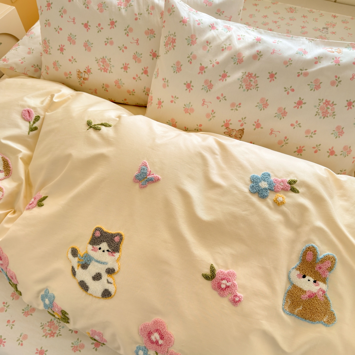 91家纺网 家纺一手货源 找家纺 优彩 2026新款全棉数码印花毛巾绣贴布绣四件套 森友会