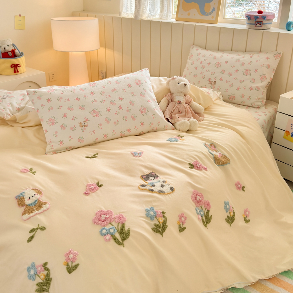 91家纺网 家纺一手货源 找家纺 优彩 2026新款全棉数码印花毛巾绣贴布绣四件套 森友会