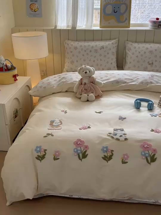 91家纺网 家纺一手货源 找家纺 优彩 2026新款全棉数码印花毛巾绣贴布绣四件套 森友会