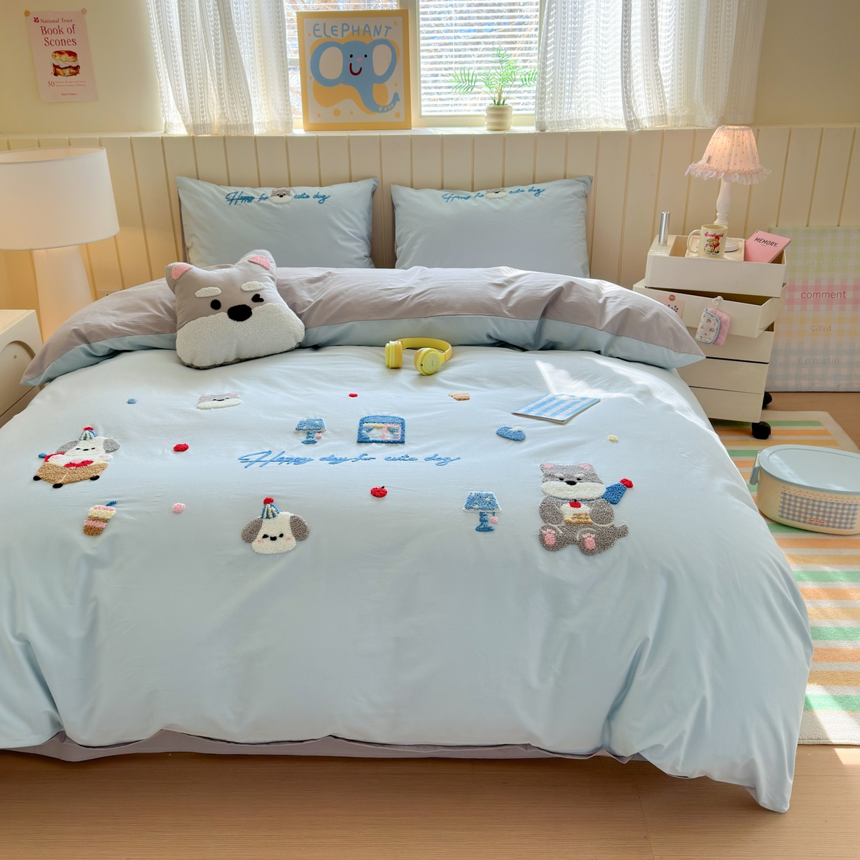 91家纺网 家纺一手货源 找家纺 优彩 2026新款全棉数码印花毛巾绣贴布绣四件套 甜心狗狗