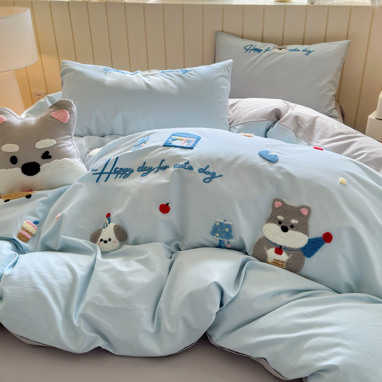 优彩 2026新款全棉数码印花毛巾绣贴布绣四件套 甜心狗狗