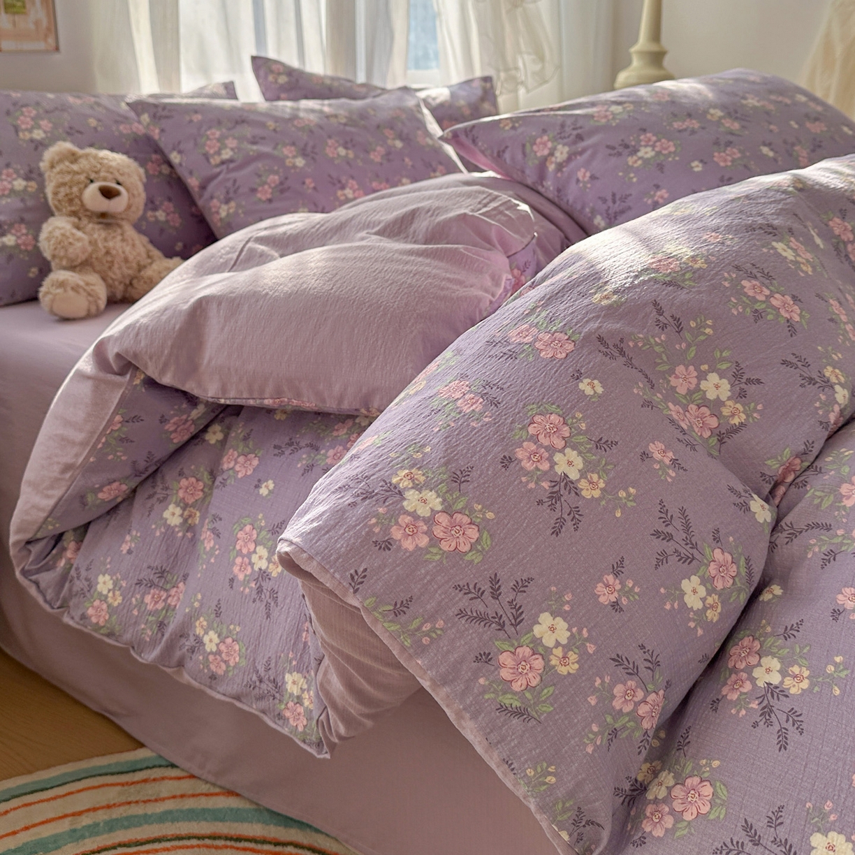 赫然家纺 2026春夏新款云感皱皱纱四件套套件 贝拉花园