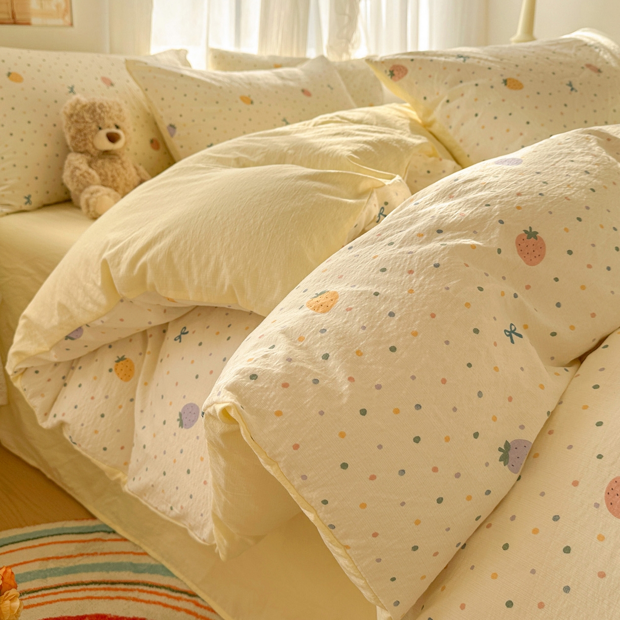 赫然家纺 2026春夏新款云感皱皱纱四件套套件 草莓多多