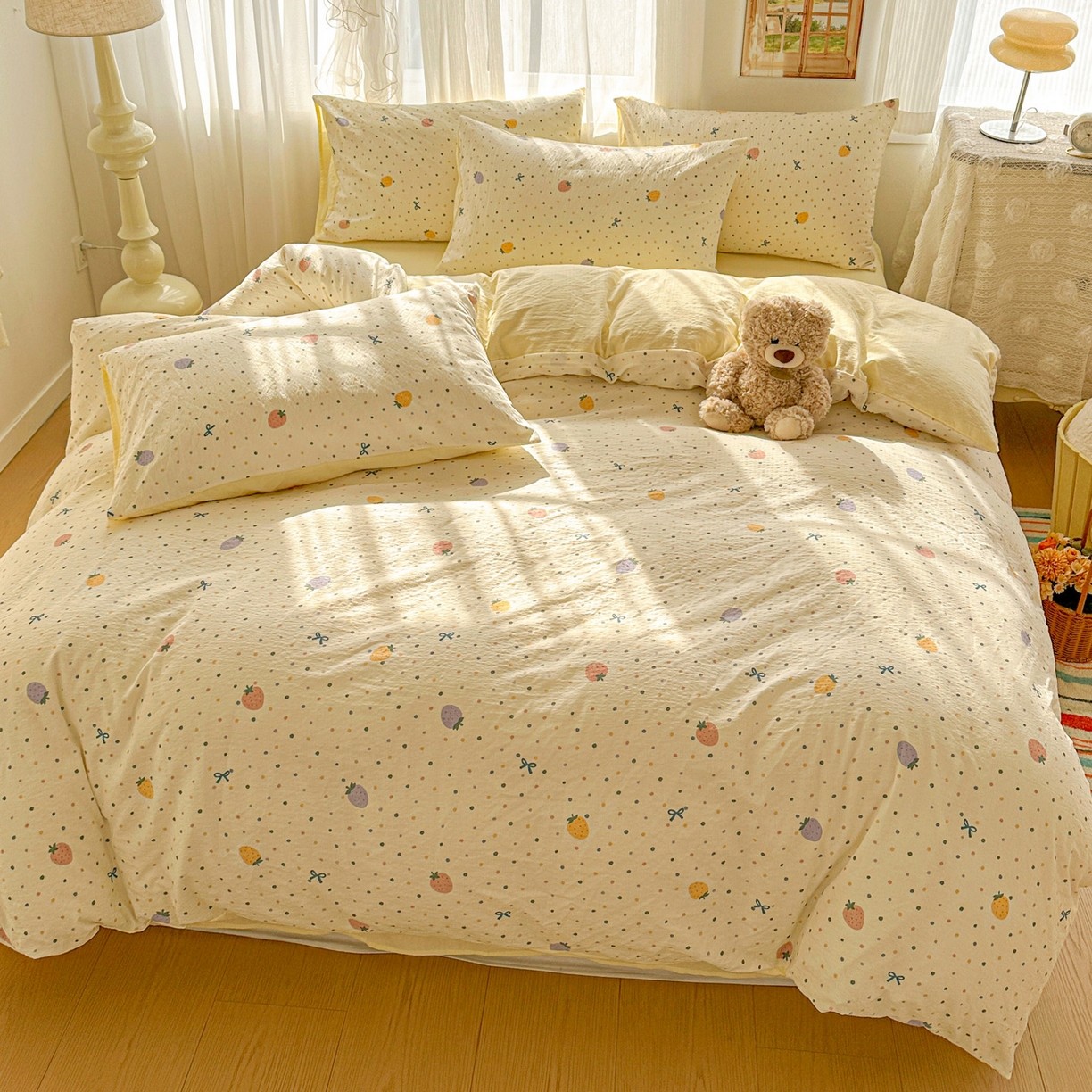 91家纺网 家纺一手货源 找家纺 赫然家纺 2026春夏新款云感皱皱纱四件套套件 草莓多多