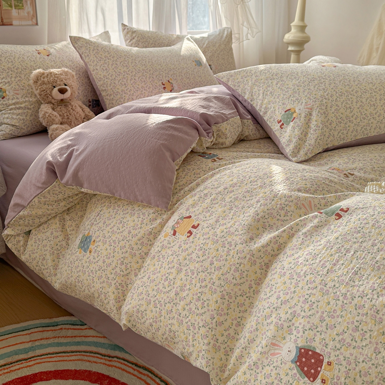 91家纺网 家纺一手货源 找家纺 赫然家纺 2026春夏新款云感皱皱纱四件套套件 花海兔