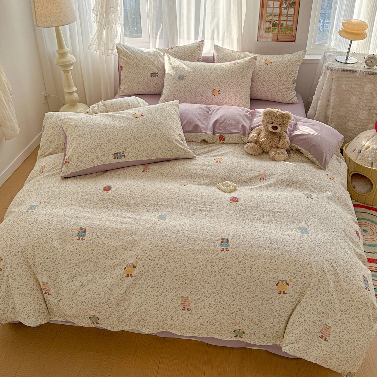 91家纺网 家纺一手货源 找家纺 赫然家纺 2026春夏新款云感皱皱纱四件套套件 花海兔