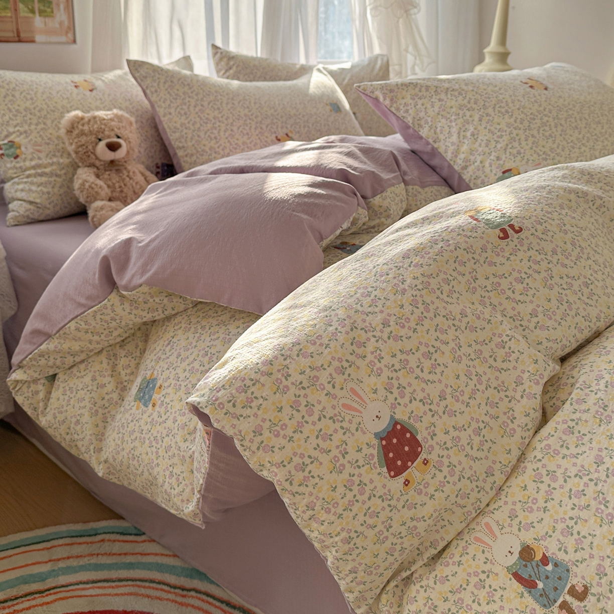 赫然家纺 2026春夏新款云感皱皱纱四件套套件 花海兔