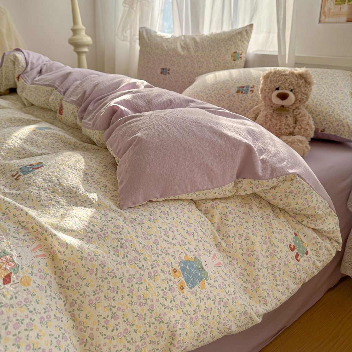 91家纺网 家纺一手货源 找家纺 赫然家纺 2026春夏新款云感皱皱纱四件套套件 花海兔