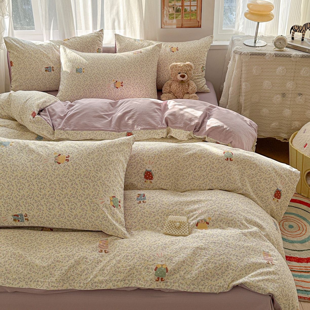 91家纺网 家纺一手货源 找家纺 赫然家纺 2026春夏新款云感皱皱纱四件套套件 花海兔