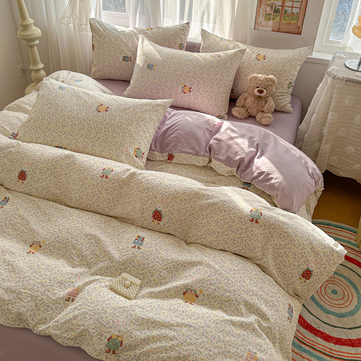 91家纺网 家纺一手货源 找家纺 赫然家纺 2026春夏新款云感皱皱纱四件套套件 花海兔