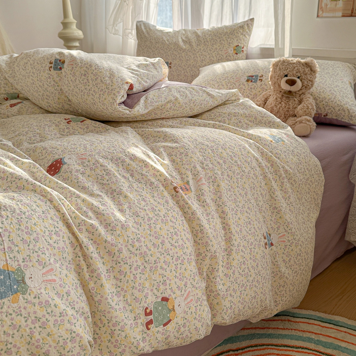 91家纺网 家纺一手货源 找家纺 赫然家纺 2026春夏新款云感皱皱纱四件套套件 花海兔