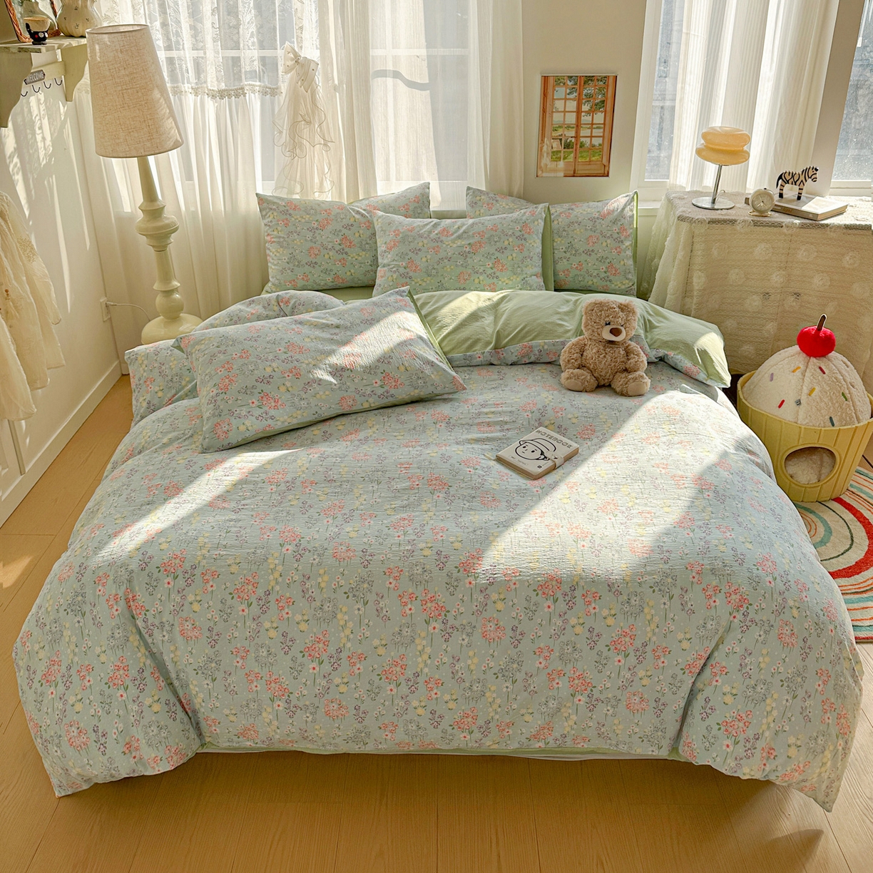 91家纺网 家纺一手货源 找家纺 赫然家纺 2026春夏新款云感皱皱纱四件套套件 花开半夏