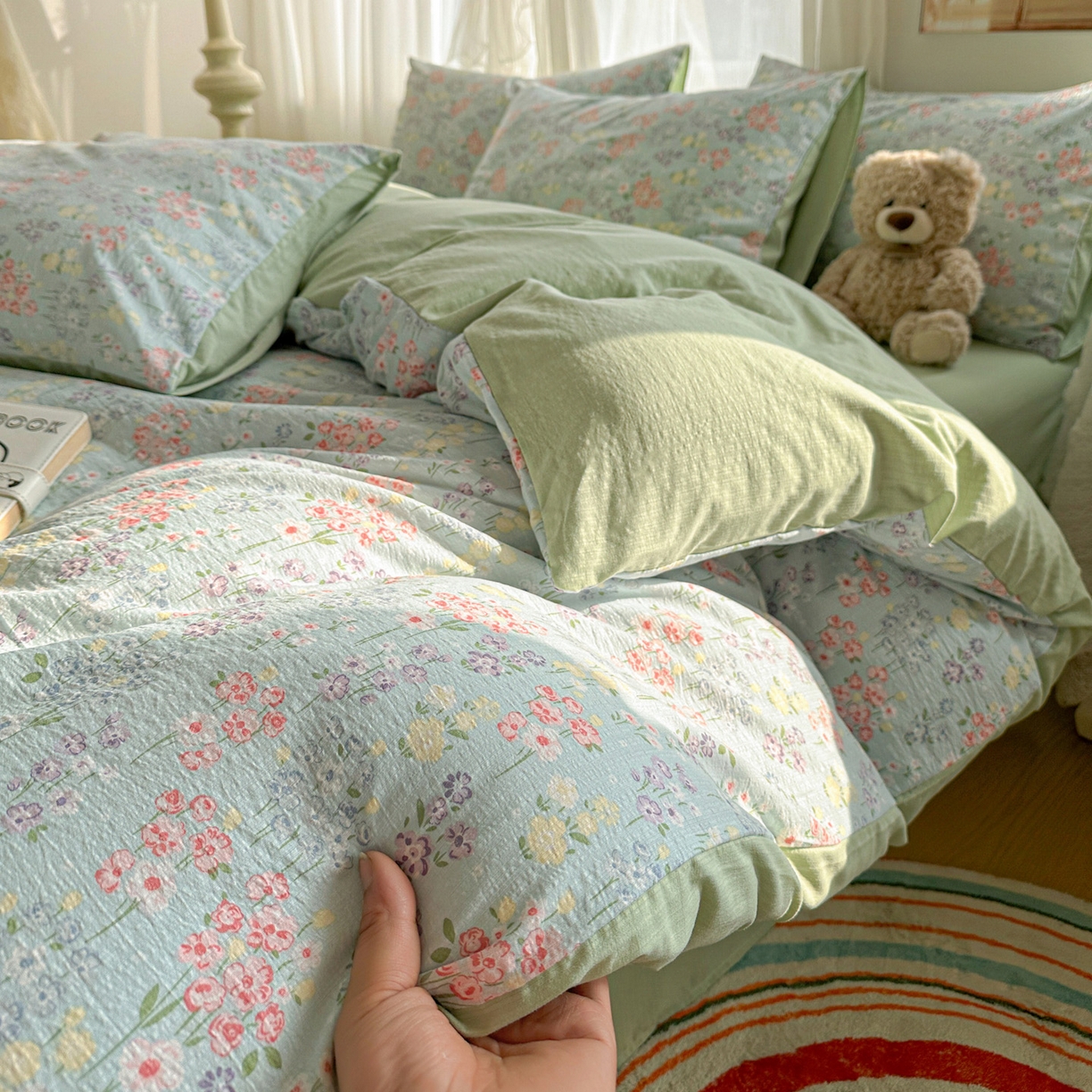 91家纺网 家纺一手货源 找家纺 赫然家纺 2026春夏新款云感皱皱纱四件套套件 花开半夏