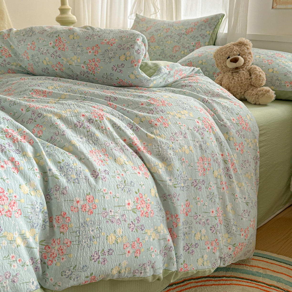 91家纺网 家纺一手货源 找家纺 赫然家纺 2026春夏新款云感皱皱纱四件套套件 花开半夏