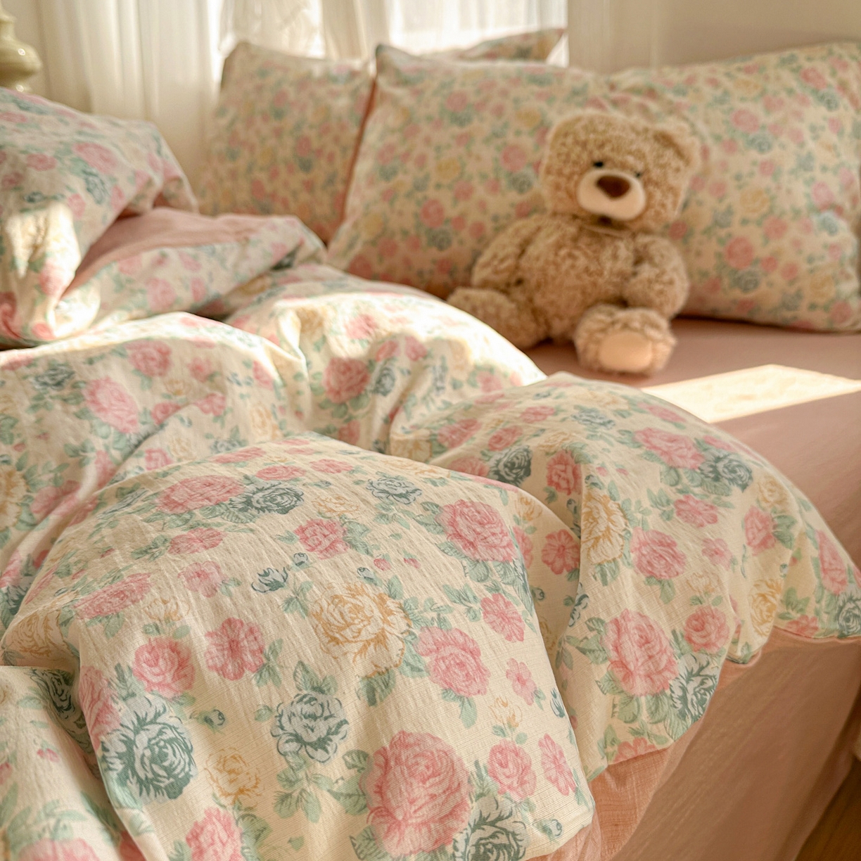 91家纺网 家纺一手货源 找家纺 赫然家纺 2026春夏新款云感皱皱纱四件套套件 陌上花开