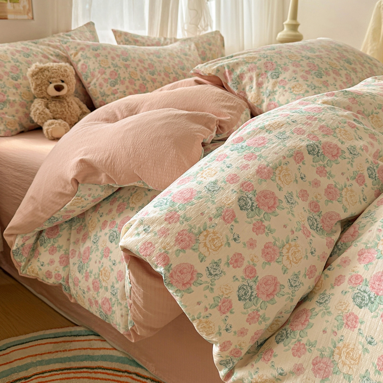 赫然家纺 2026春夏新款云感皱皱纱四件套套件 陌上花开