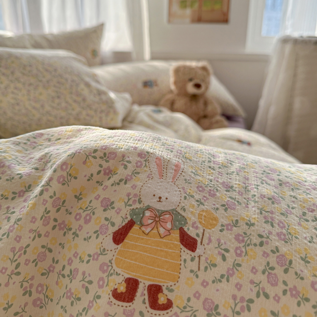 91家纺网 家纺一手货源 找家纺 赫然家纺 20226春夏新款云感皱皱纱单被套 被套单件 花海兔