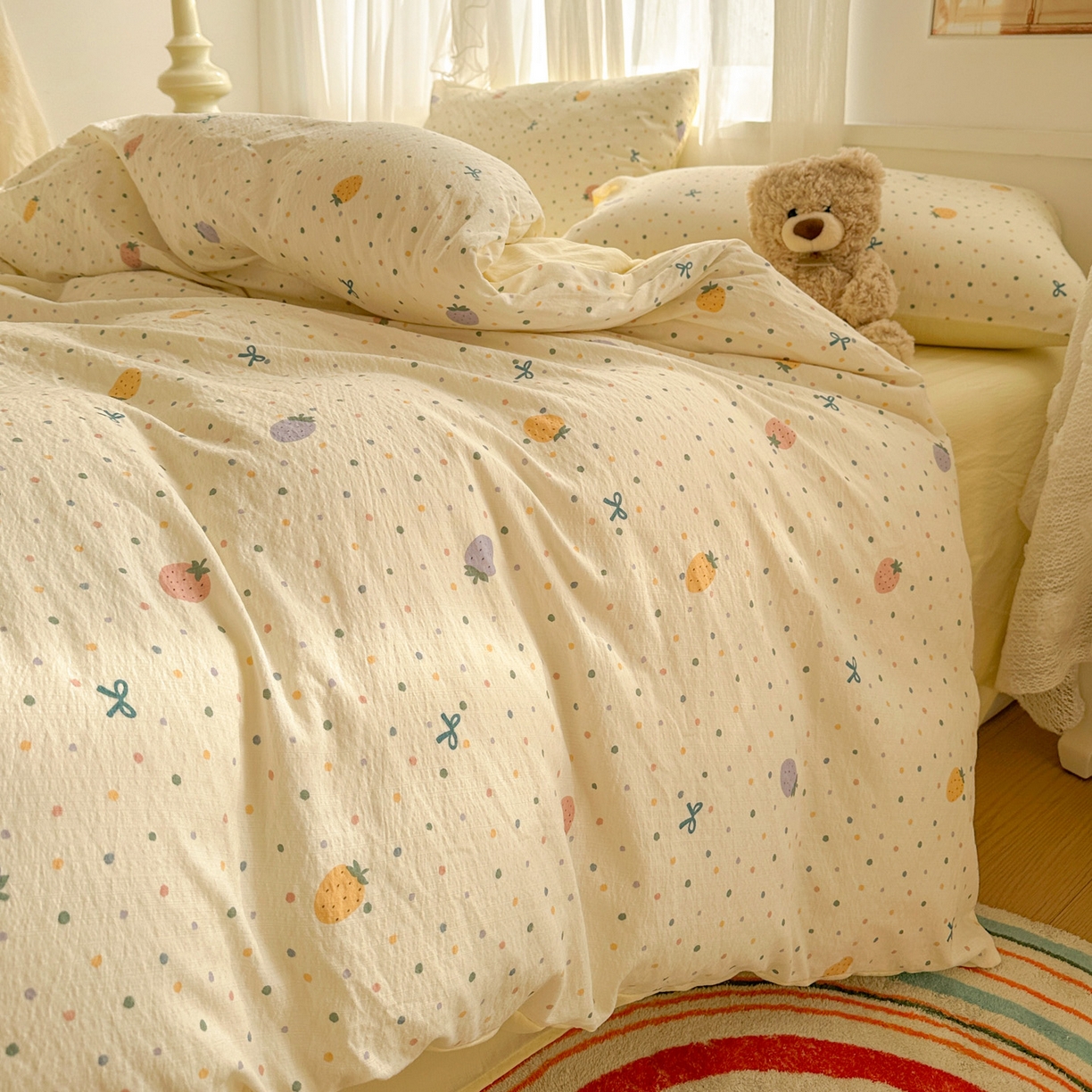 91家纺网 家纺一手货源 找家纺 赫然家纺 20226春夏新款云感皱皱纱单被套 被套单件 草莓多多