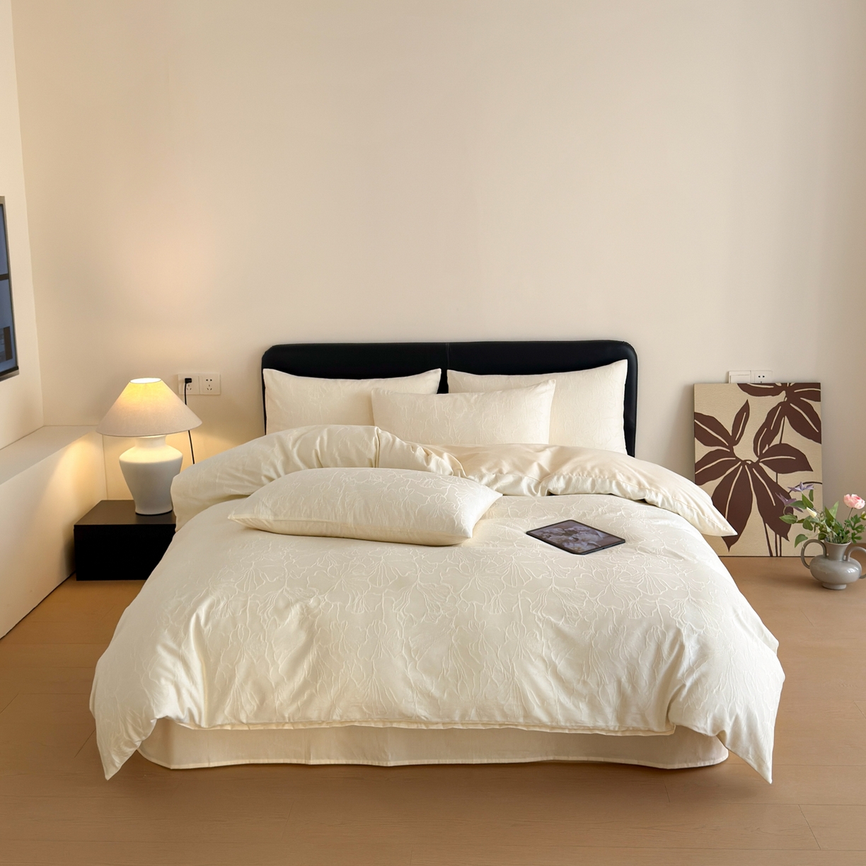 91家纺网 家纺一手货源 找家纺 优彩 2026春夏新款60支浮雕提花全棉纯棉四件套 山间雾-奶油白