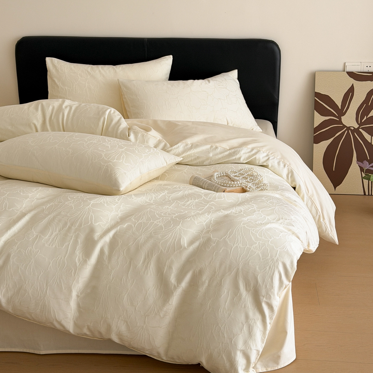 优彩 2026春夏新款60支浮雕提花全棉纯棉四件套 山间雾-奶油白