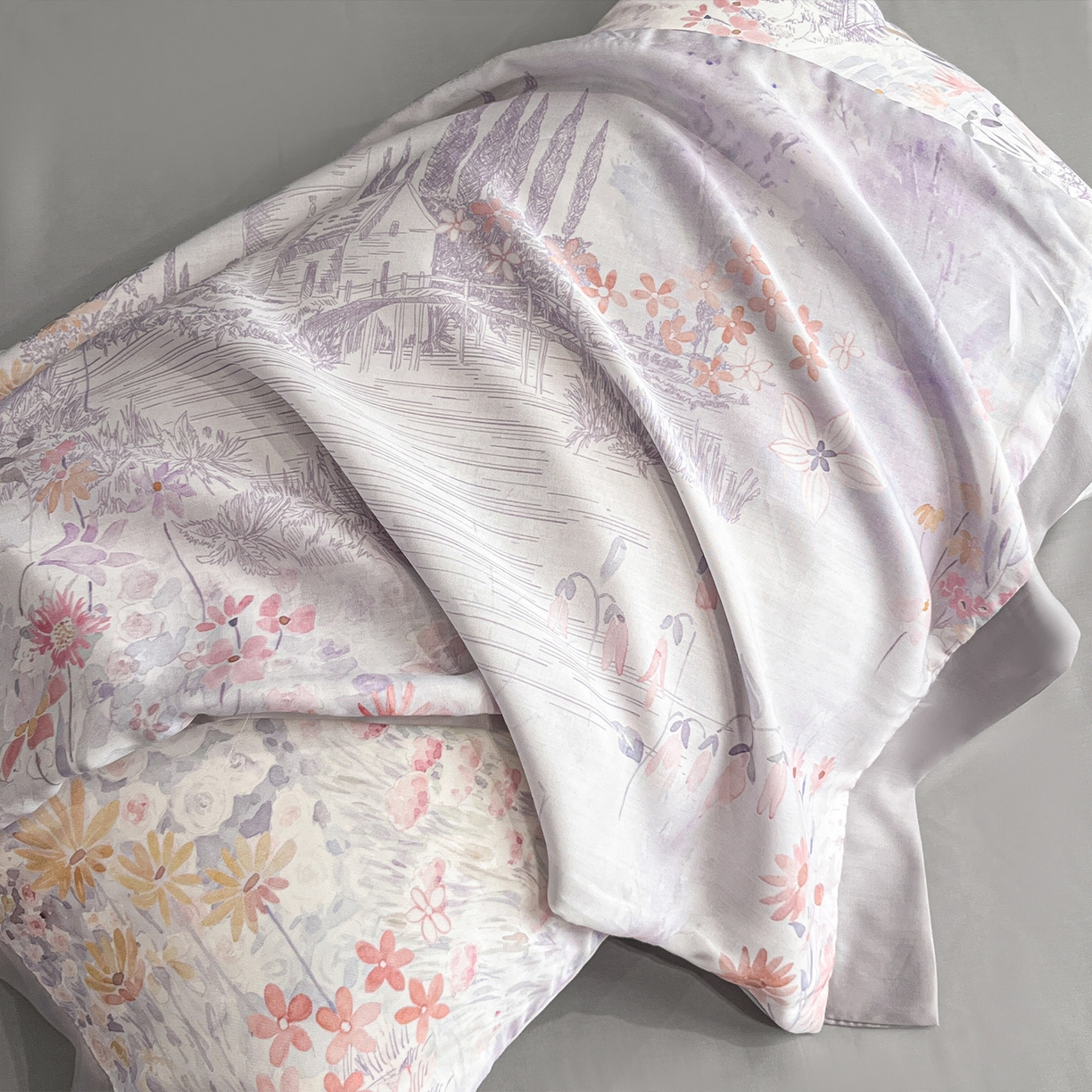 91家纺网 家纺一手货源 找家纺 迷尚家居 2026新款夏被100%莱赛尔数码印花夏被四件套50支天丝夏被 春野序紫-夏被款