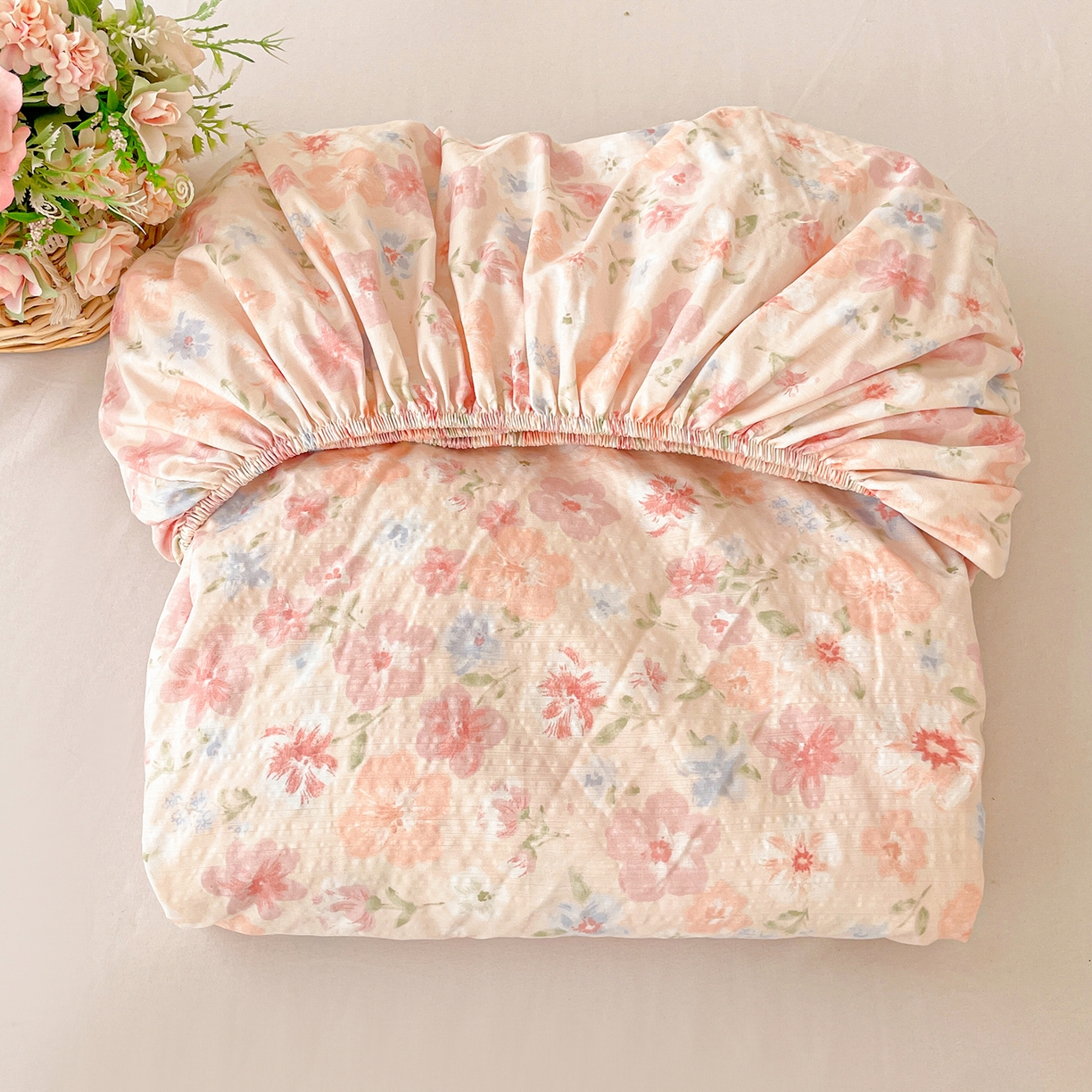 91家纺网 家纺一手货源 找家纺 立森 2026春夏新款云感皱皱纱泡芙纱床笠单枕套系列-叠拍图 白桃乌龙