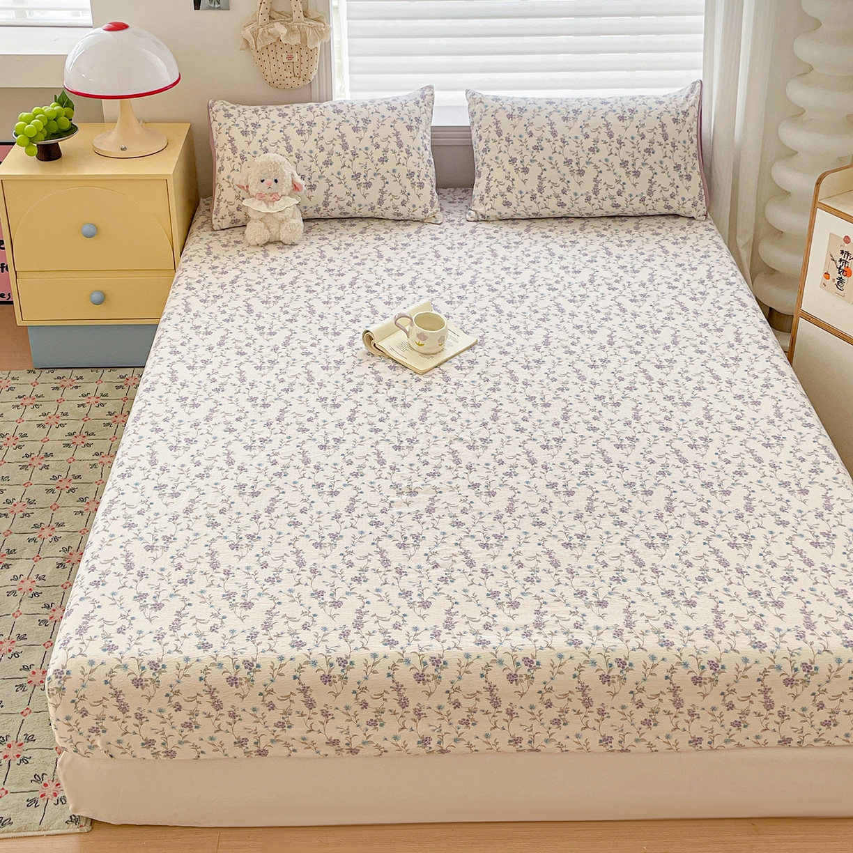 91家纺网 家纺一手货源 找家纺 立森 2026春夏新款云感皱皱纱泡芙纱床笠单枕套系列-叠拍图 春日铃兰