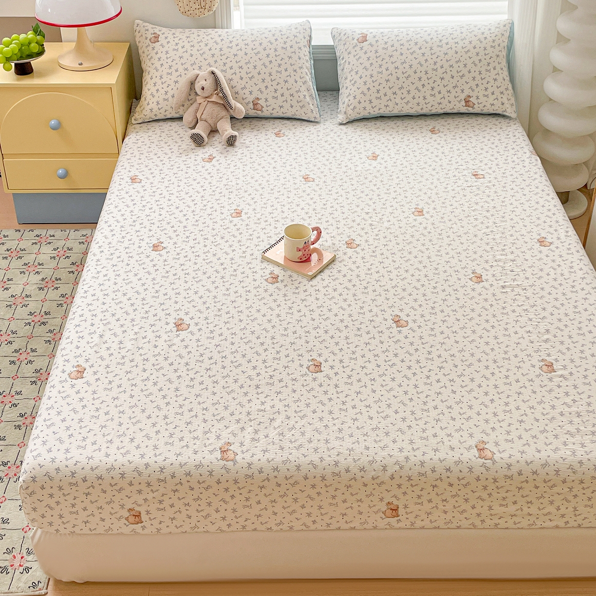 91家纺网 家纺一手货源 找家纺 立森 2026春夏新款云感皱皱纱泡芙纱床笠单枕套系列-叠拍图 丛林兔