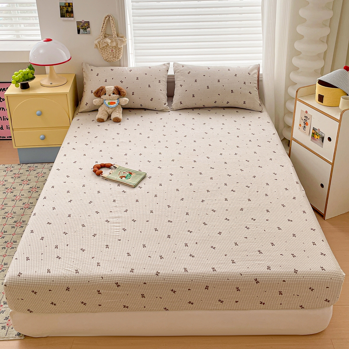 91家纺网 家纺一手货源 找家纺 立森 2026春夏新款云感皱皱纱泡芙纱床笠单枕套系列-叠拍图 可爱熊熊