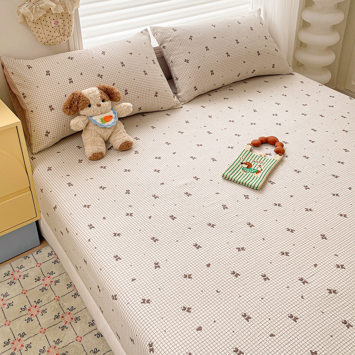 91家纺网 家纺一手货源 找家纺 立森 2026春夏新款云感皱皱纱泡芙纱床笠单枕套系列-叠拍图 可爱熊熊