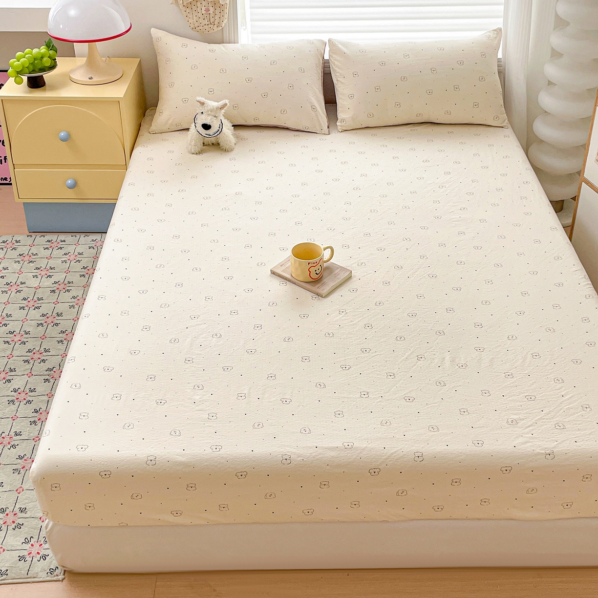 91家纺网 家纺一手货源 找家纺 立森 2026春夏新款云感皱皱纱泡芙纱床笠单枕套系列-叠拍图 铅笔熊