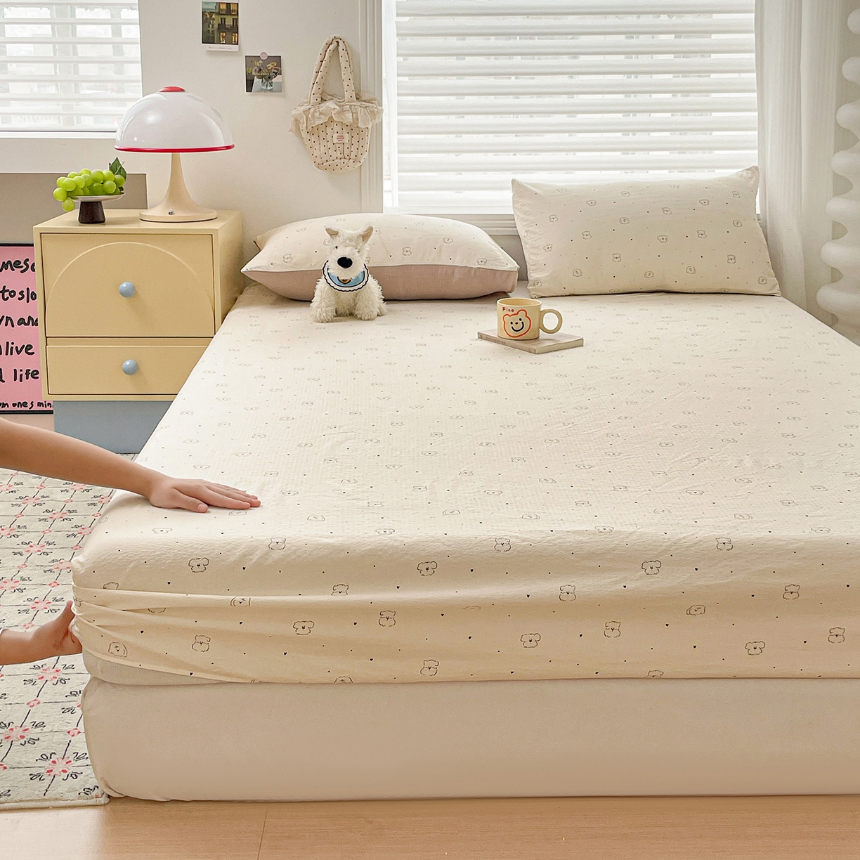 91家纺网 家纺一手货源 找家纺 立森 2026春夏新款云感皱皱纱泡芙纱床笠单枕套系列-叠拍图 铅笔熊