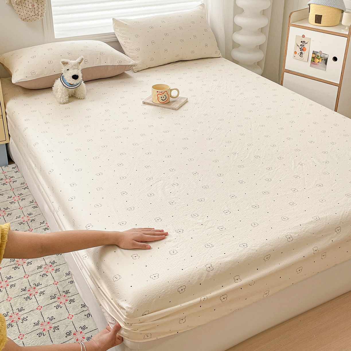 91家纺网 家纺一手货源 找家纺 立森 2026春夏新款云感皱皱纱泡芙纱床笠单枕套系列-叠拍图 铅笔熊