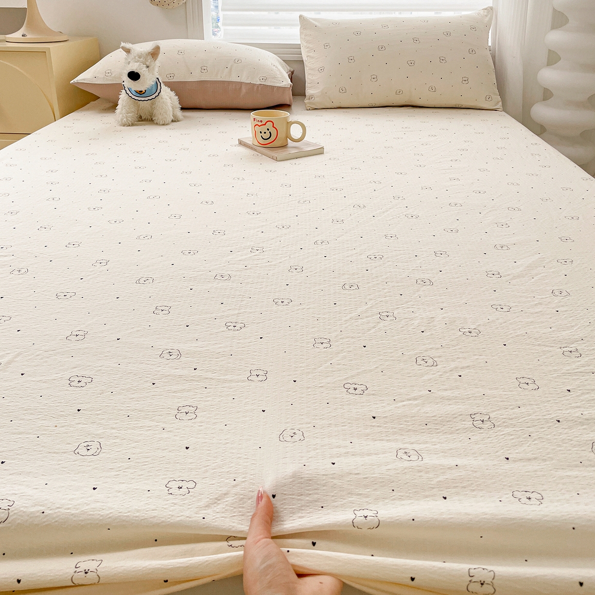 91家纺网 家纺一手货源 找家纺 立森 2026春夏新款云感皱皱纱泡芙纱床笠单枕套系列-叠拍图 铅笔熊