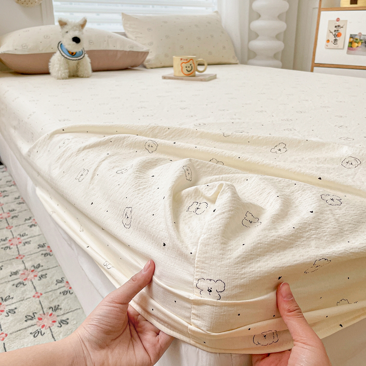 91家纺网 家纺一手货源 找家纺 立森 2026春夏新款云感皱皱纱泡芙纱床笠单枕套系列-叠拍图 铅笔熊