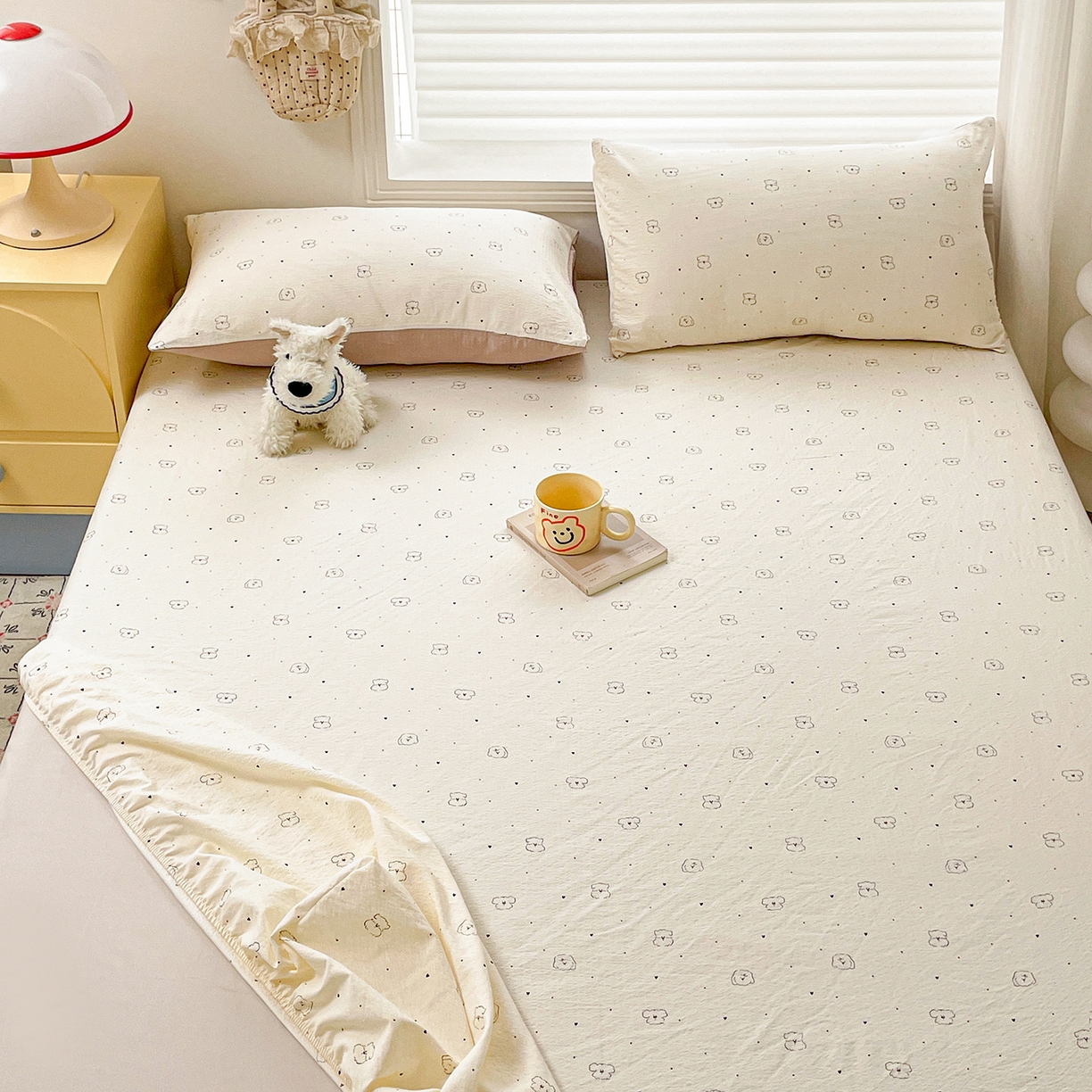 91家纺网 家纺一手货源 找家纺 立森 2026春夏新款云感皱皱纱泡芙纱床笠单枕套系列-叠拍图 铅笔熊