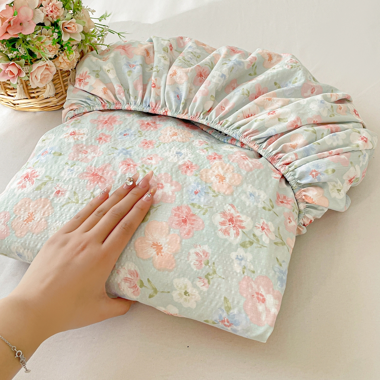 91家纺网 家纺一手货源 找家纺 立森 2026春夏新款云感皱皱纱泡芙纱床笠单枕套系列-叠拍图 清浅