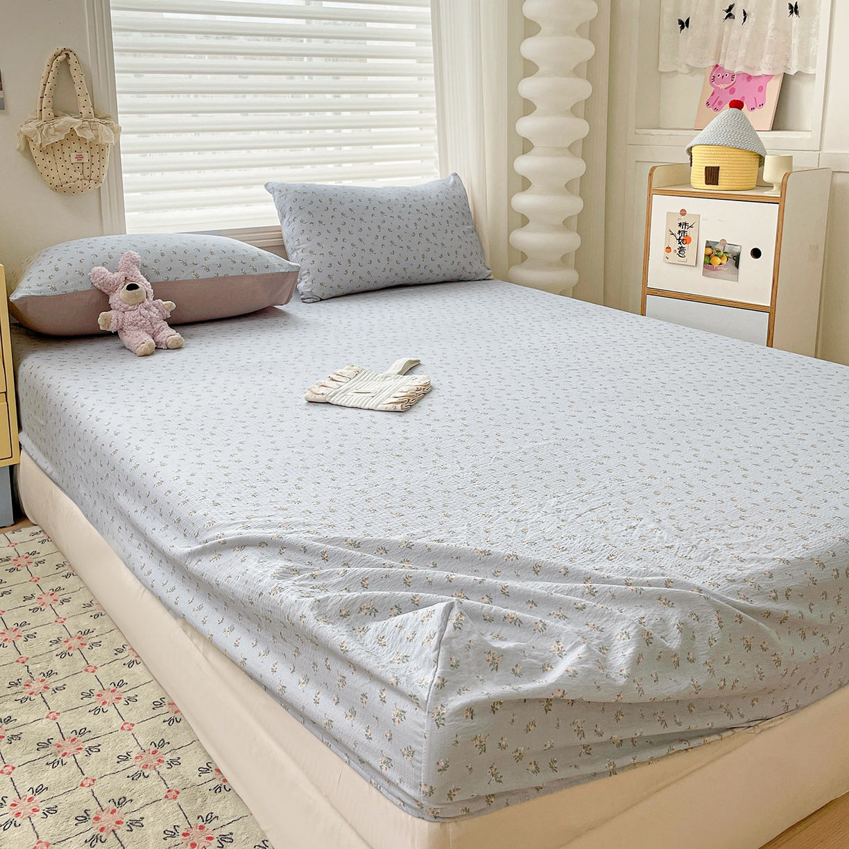 91家纺网 家纺一手货源 找家纺 立森 2026春夏新款云感皱皱纱泡芙纱床笠单枕套系列-叠拍图 森澜