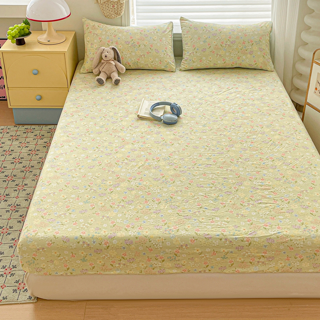 91家纺网 家纺一手货源 找家纺 立森 2026春夏新款云感皱皱纱泡芙纱床笠单枕套系列-叠拍图 夏日木槿