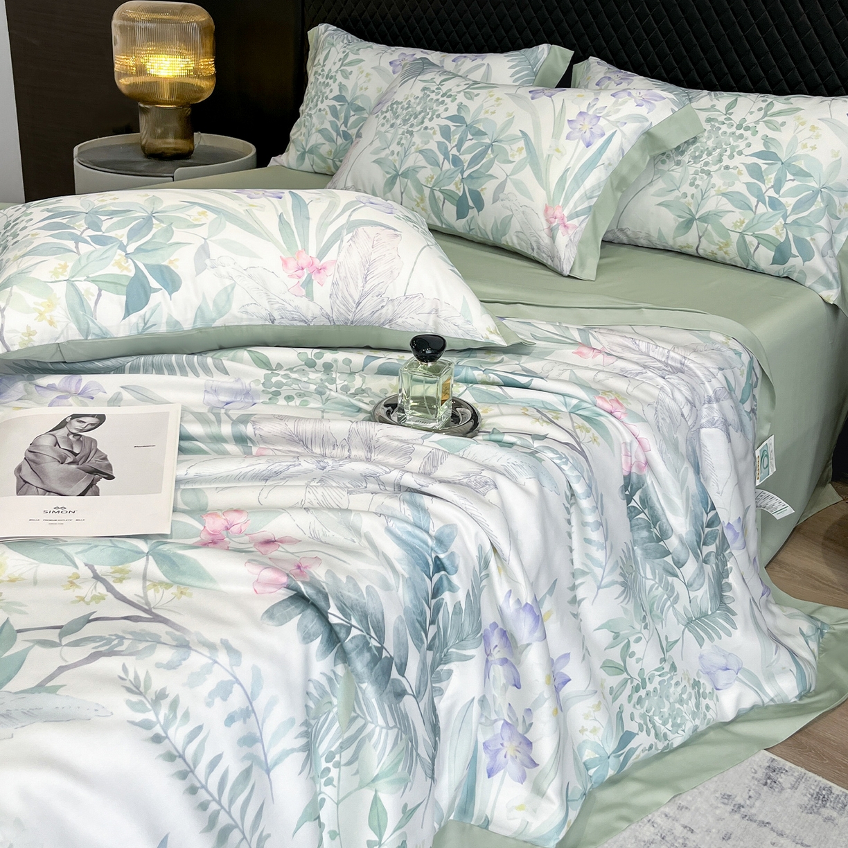 91家纺网 家纺一手货源 找家纺 迷尚家居 2026新款夏被100%莱赛尔数码印花夏被四件套50支天丝夏被 蔓行-夏被款