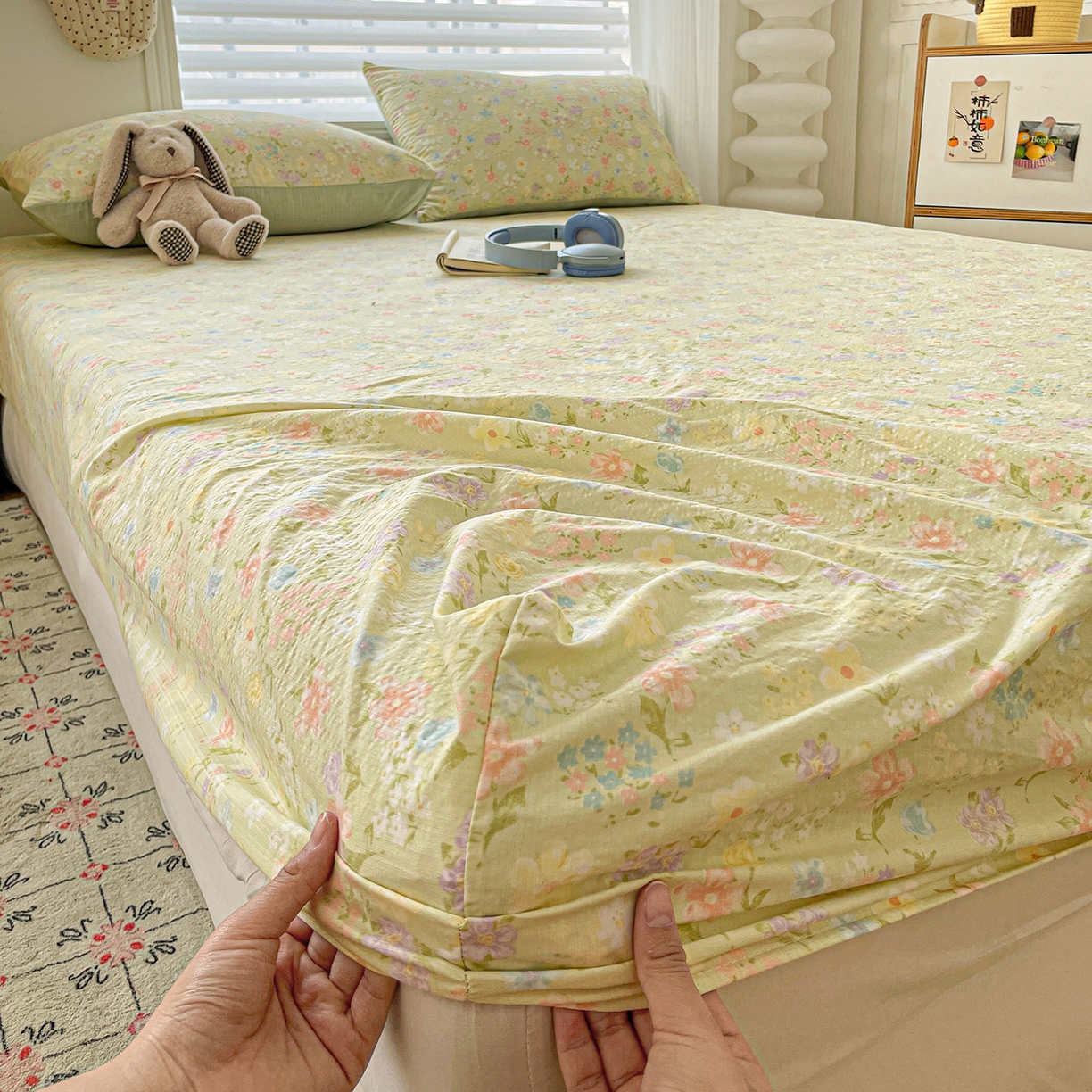 91家纺网 家纺一手货源 找家纺 立森 2026春夏新款云感皱皱纱泡芙纱床笠单枕套系列-叠拍图 夏日木槿