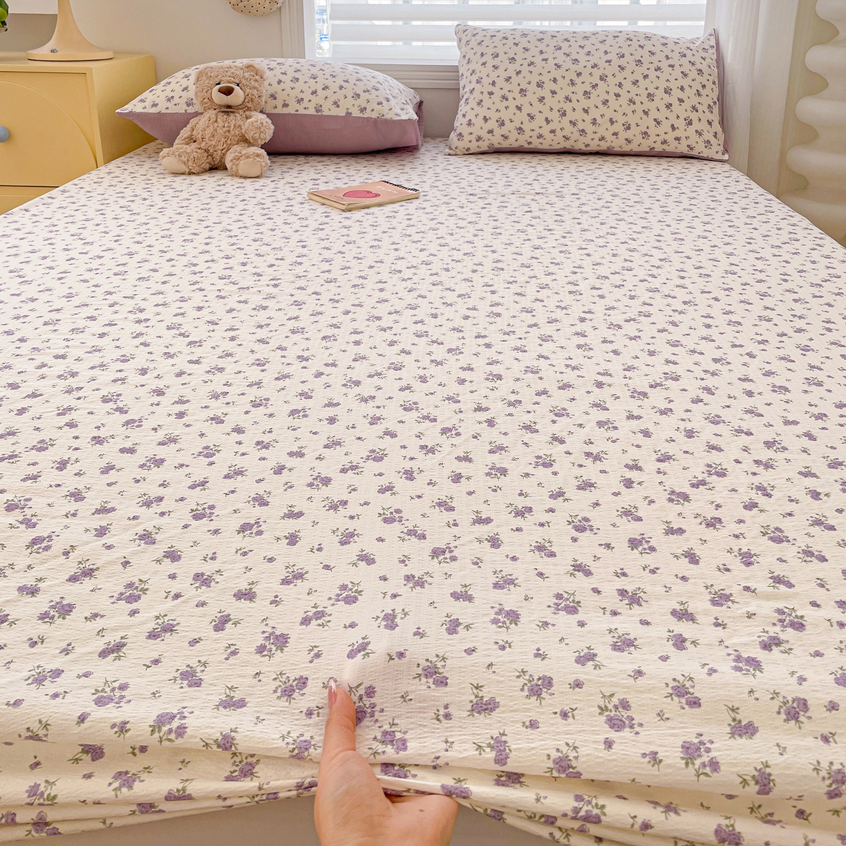 91家纺网 家纺一手货源 找家纺 立森 2026春夏新款云感皱皱纱泡芙纱床笠单枕套系列-叠拍图 紫色风信